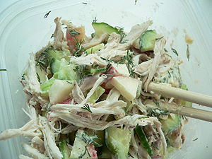 A chicken salad made from chicken used for sou...