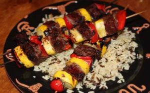 Sirloin Steak cubed and grilled on skewers with  fresh squash and red bell peppers. Photo credit: Arizona Legacy Beef.