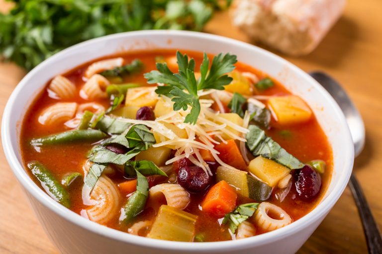 Bowl of Minestrone Soup with Pasta, Beans and Vegetables