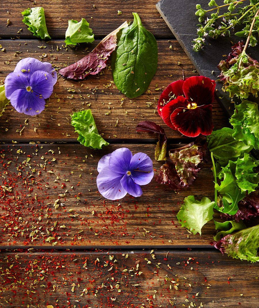 Fresh salad ingredients lettuce flowers spinach on rustic wood