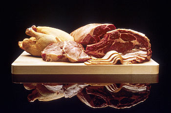 Public domain photograph of various meats. (Be...