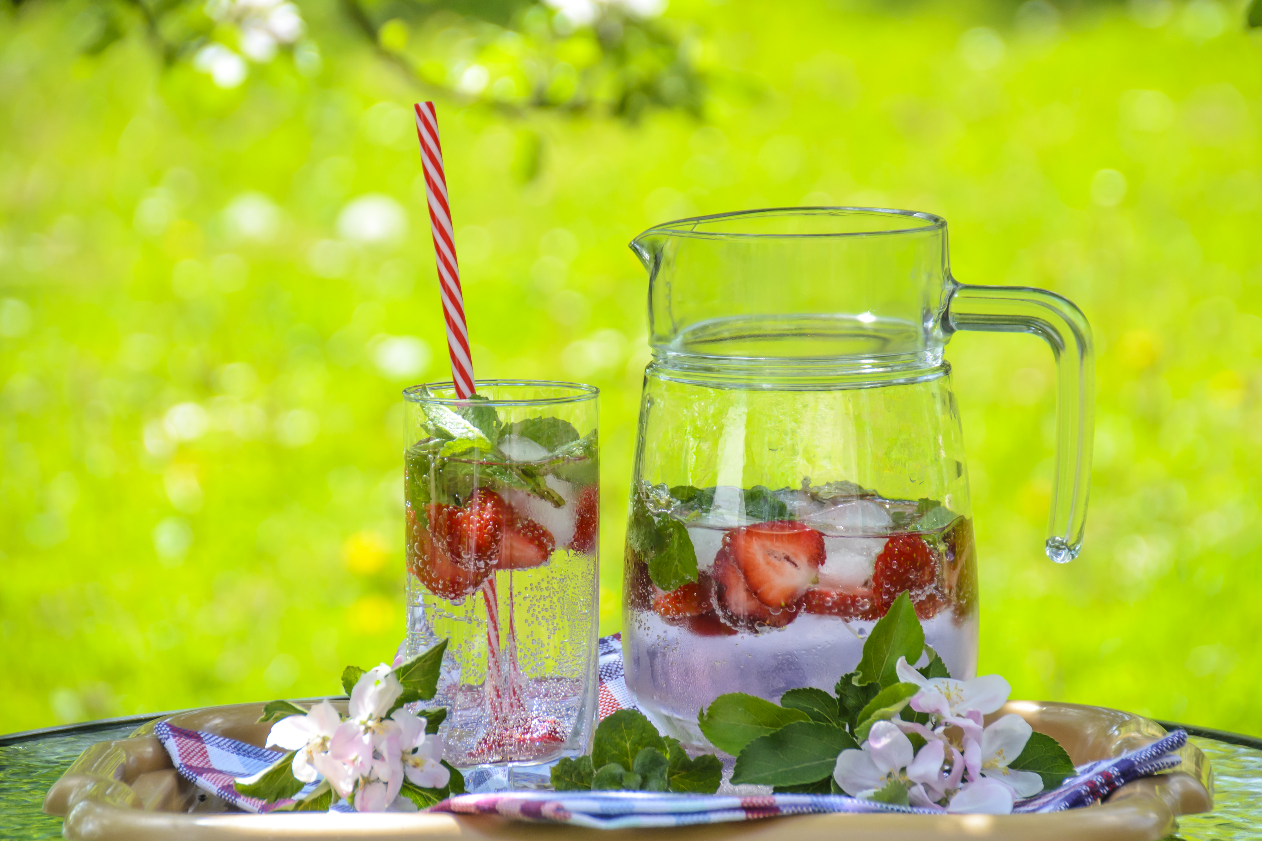 Delicious ice drink with strawberries, mint and ice on the background of of solar garden